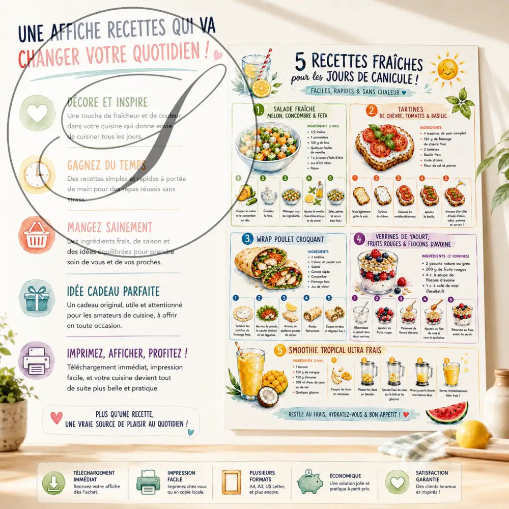 Affiche de recette ff colorée illustrant cinq recettes fraîches d’été en français