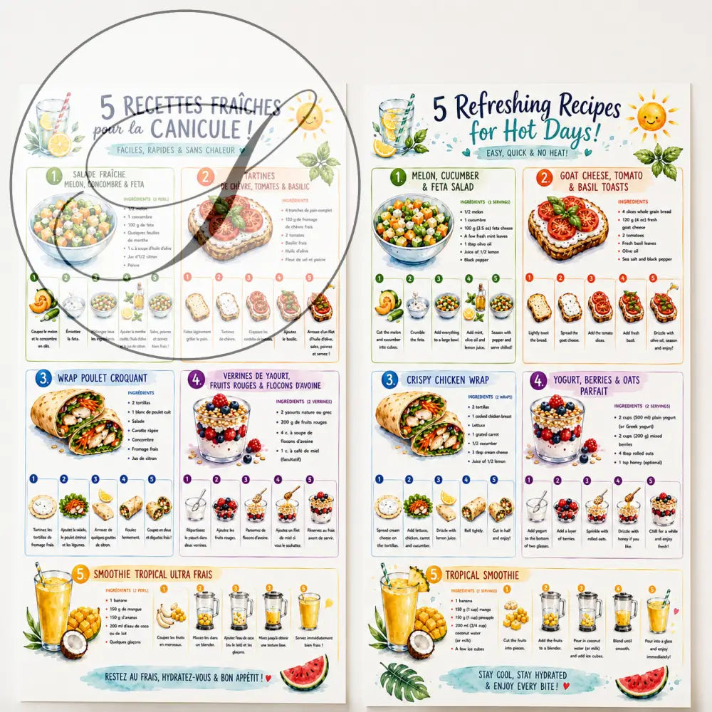 Affiche de recette illustrée colorée avec cinq plats d’été rafraîchissants en français et anglais pour ff