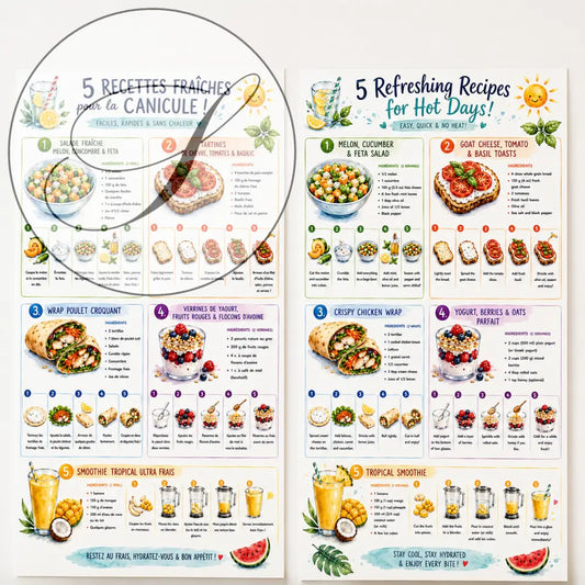 Affiche de recette illustrée colorée avec cinq plats d’été rafraîchissants en français et anglais pour ff