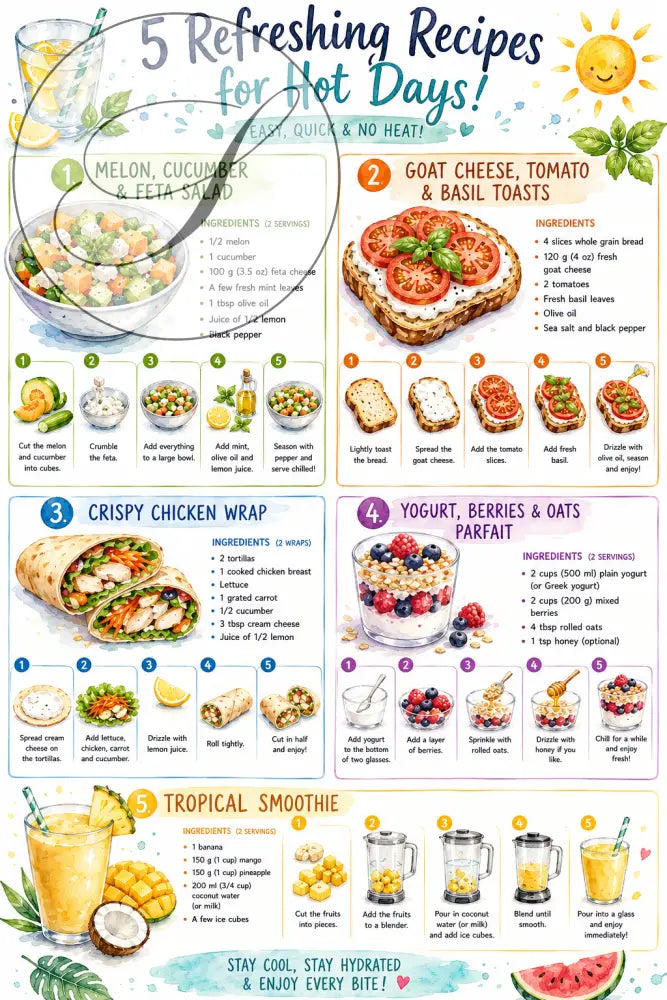 Poster de recette coloré ff avec cinq plats d’été rafraîchissants illustrés en aquarelle et listes d’ingrédients