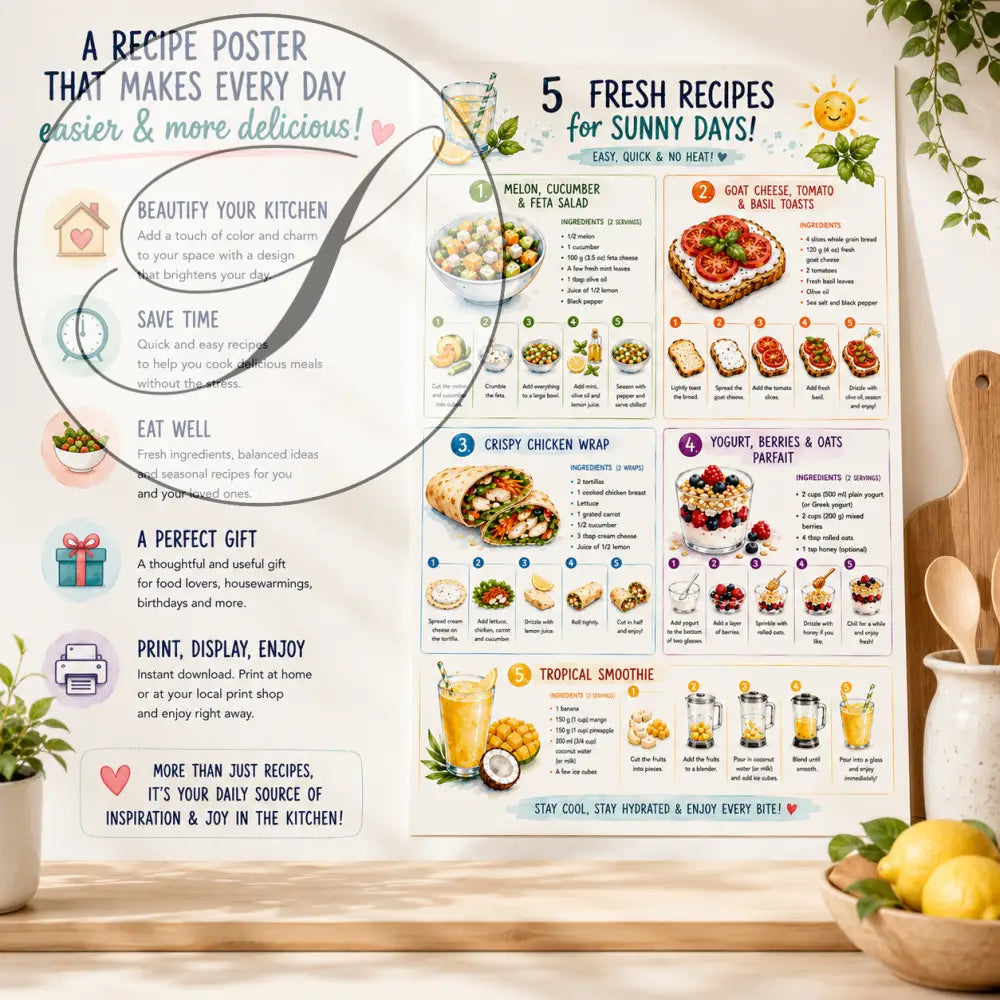 Affiche de recettes ff avec cinq repas d’été faciles illustrés en couleurs et listes d’ingrédients