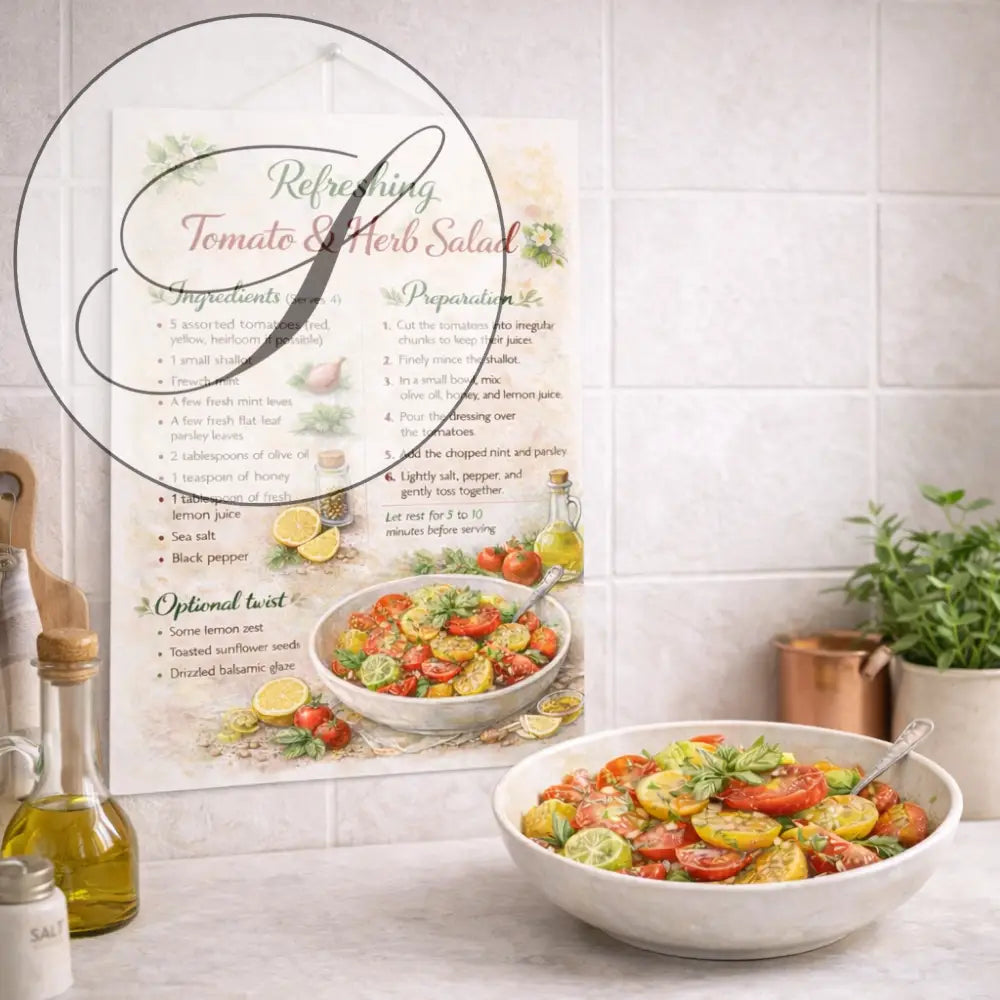 Affiche cuisine recette salade tomate avec illustration de tomates anciennes 