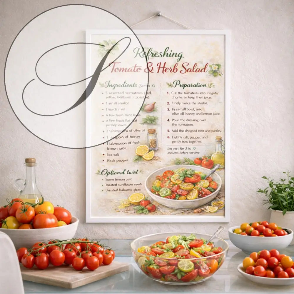 Affiche cuisine recette salade tomate illustration botanique vintage