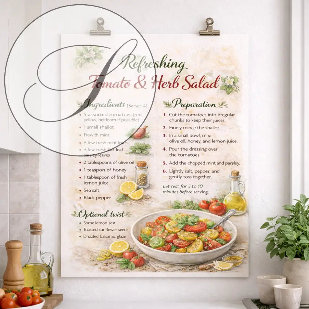 Illustration culinaire salade tomates anciennes citron huile olive