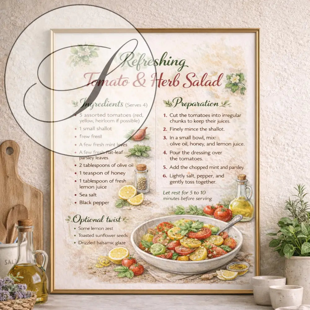 Poster décoratif cuisine recette salade tomates fraîches