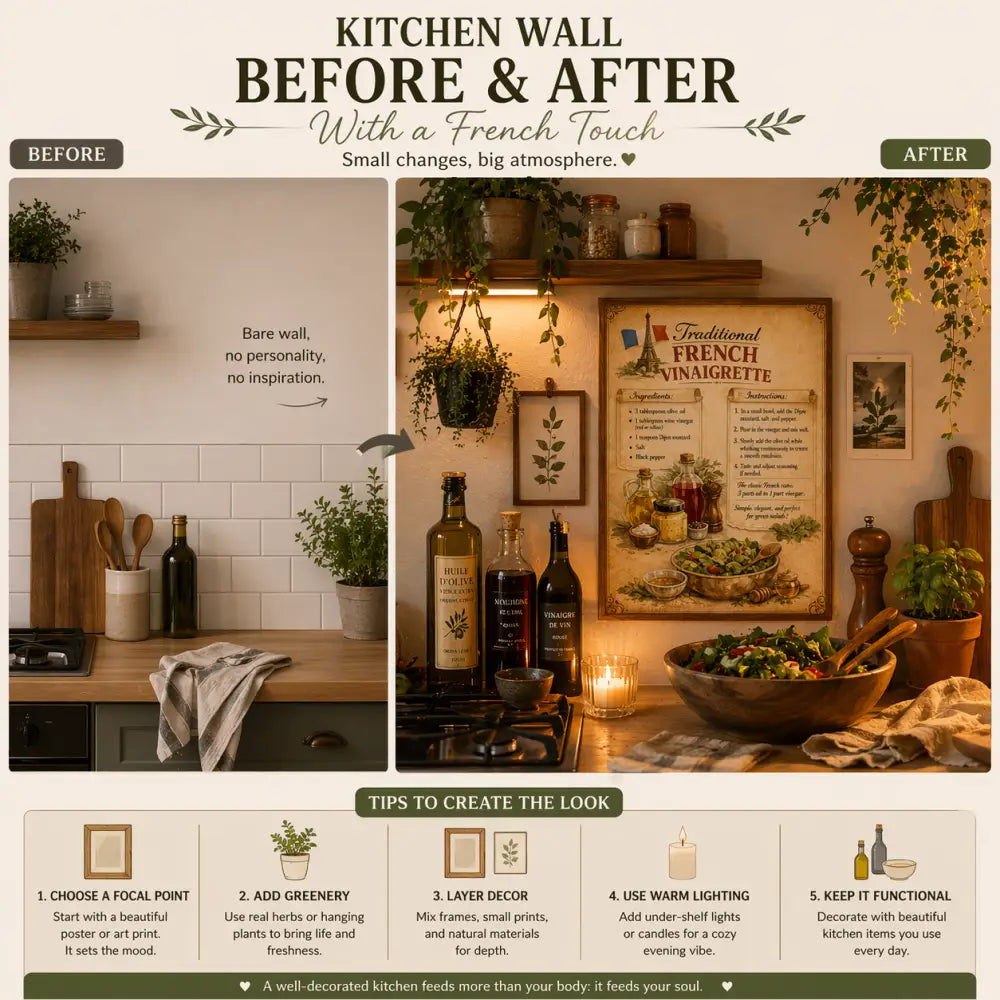 Affiche cuisine vintage la vinaigrette française traditionnelle avec cadre en bois rustique 