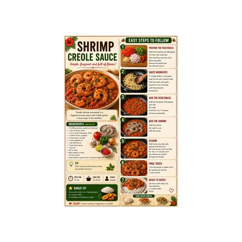 Affiche cuisine créole PDF A4 illustrée avec recette creole sauce creole aux crevettes et ingrédients 