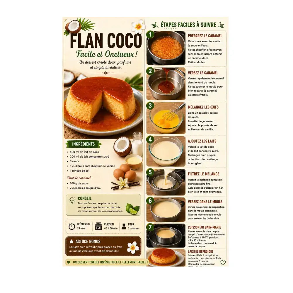 Affiche cuisine créole avec flan coco doré et caramel brillant illustrant des recettes créoles traditionnelles