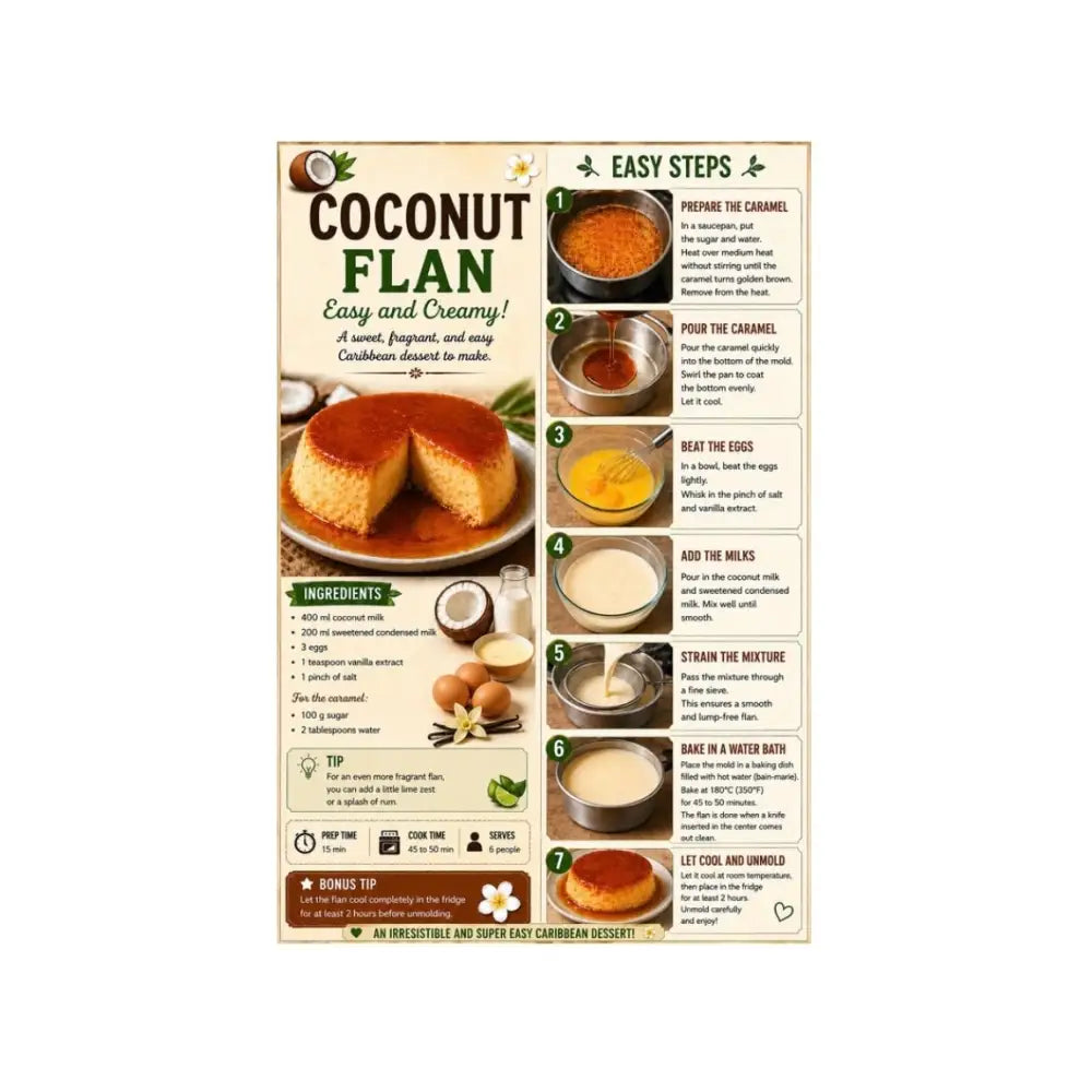 Affiche cuisine créole pdf a4 montrant une flan coco doré crémeux avec feuilles de coco vertes recettes créoles traditionnelles