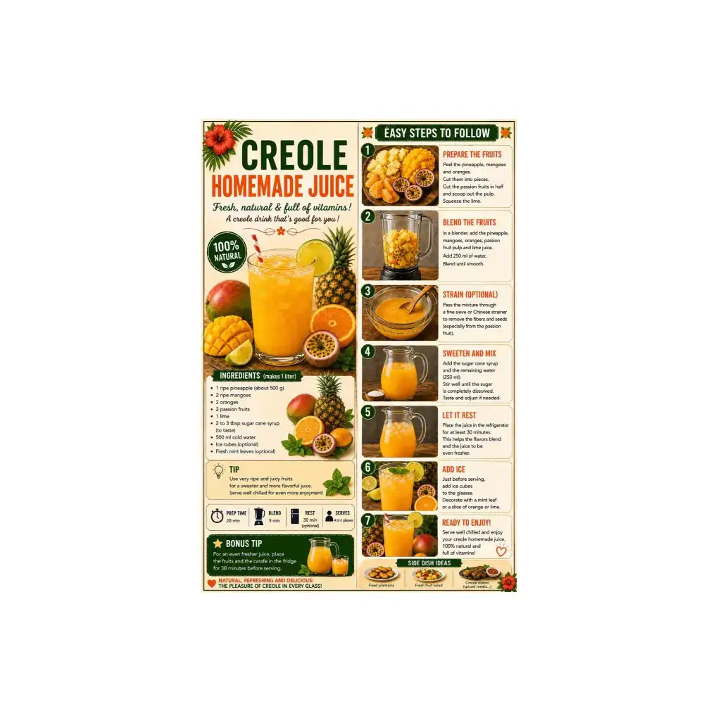 Affiche cuisine créole a4 avec illustrations colorées de fruits tropicaux et recettes créoles traditionnelles pour jus maison