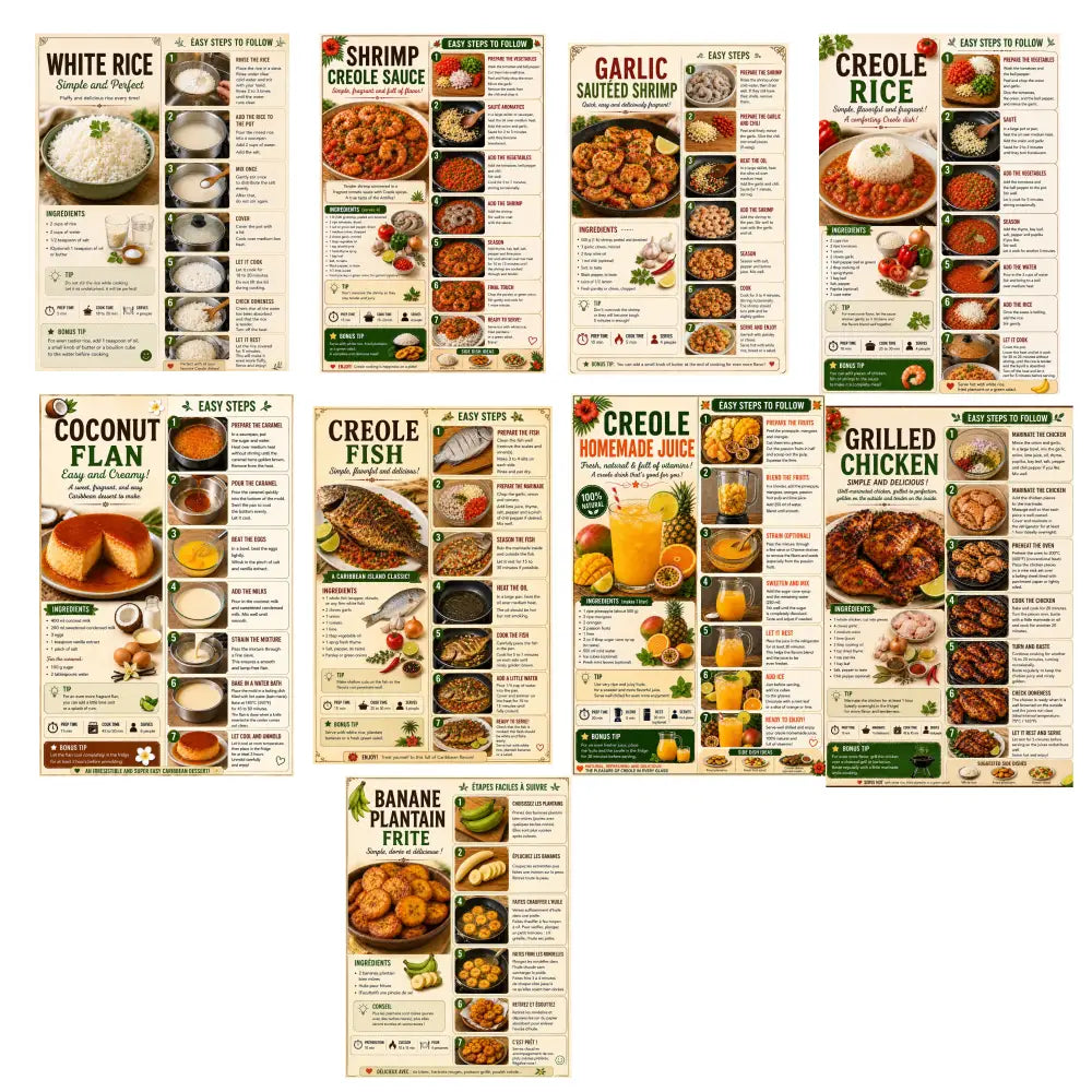 Affiche cuisine créole pdf a4 avec neuf posters illustrés de recettes créoles traditionnelles incluant boudin créole