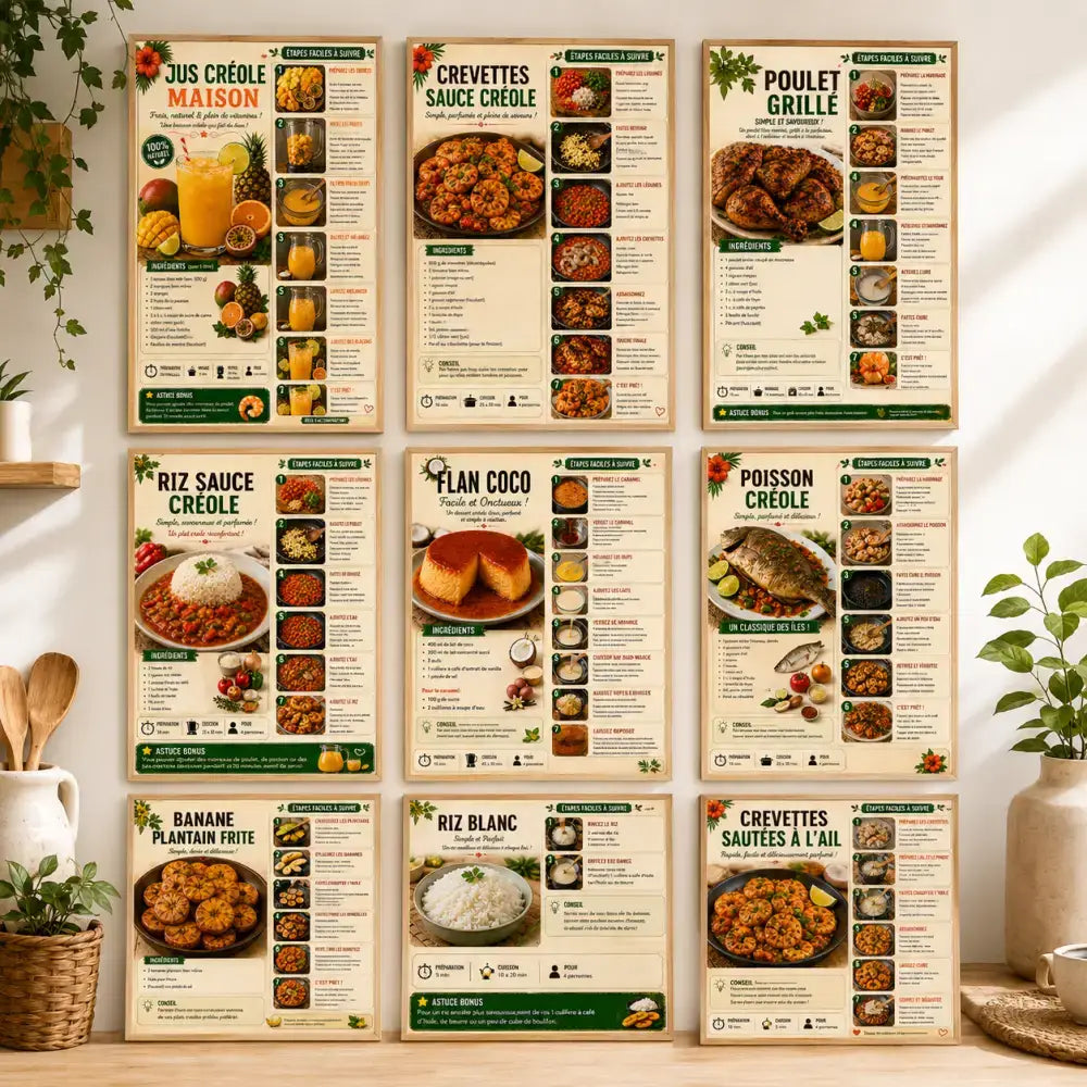 Set de affiches cuisine créole avec recettes créoles traditionnelles et photos v