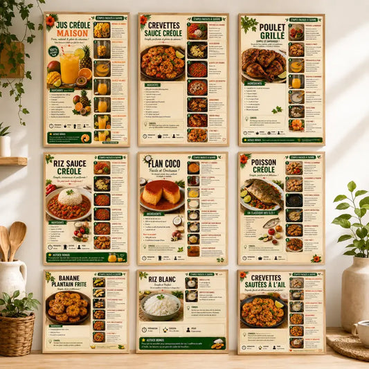 Set de affiches cuisine créole avec recettes créoles traditionnelles et photos v