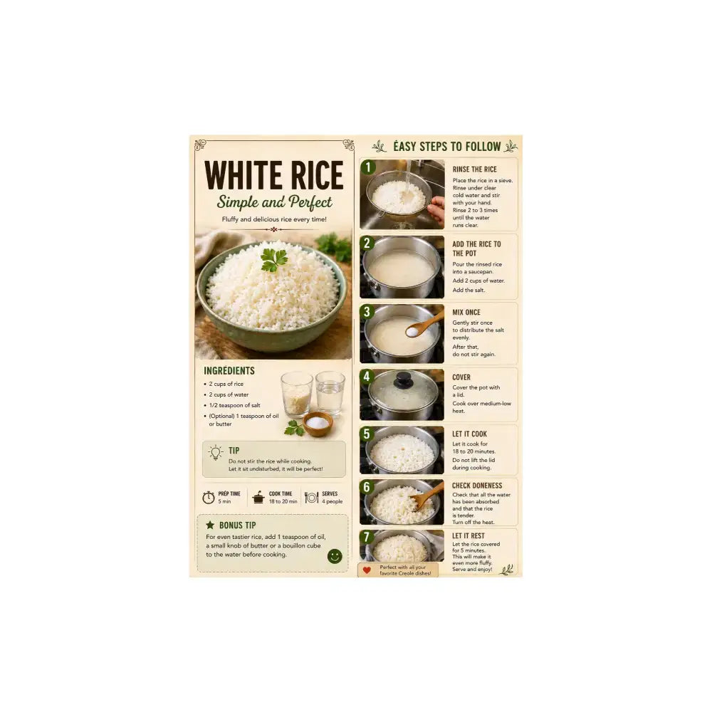 Affiche cuisine créole beige avec recettes créoles traditionnelles et instructions pour cuire du riz blanc en PDF A4