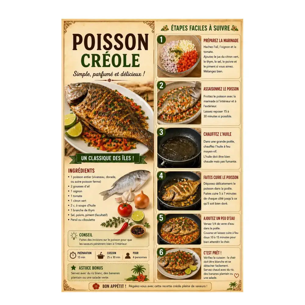 Affiche cuisine créole pdf a4 avec recette créole traditionnelle de poisson grillé garni de citron vert et herbes