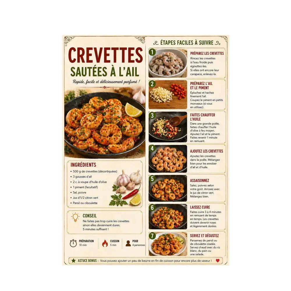 Affiche cuisine créole colorée recette sauté de crevettes à l’ail pour recettes créoles traditionnelles en pdf a4
