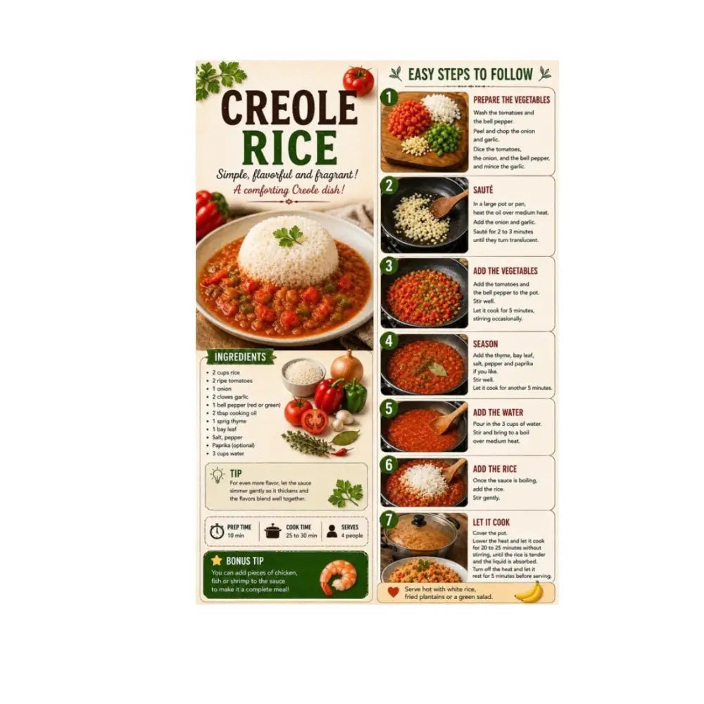 Affiche cuisine créole pdf a4 avec recette illustrée de creole rice au sauce rouge et herbes pour recettes créoles traditionnelles