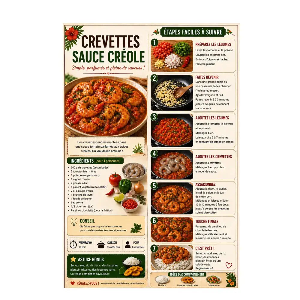 Affiche cuisine créole pdf a4 colorée avec recette créole traditionnelle crevettes sauce créole 