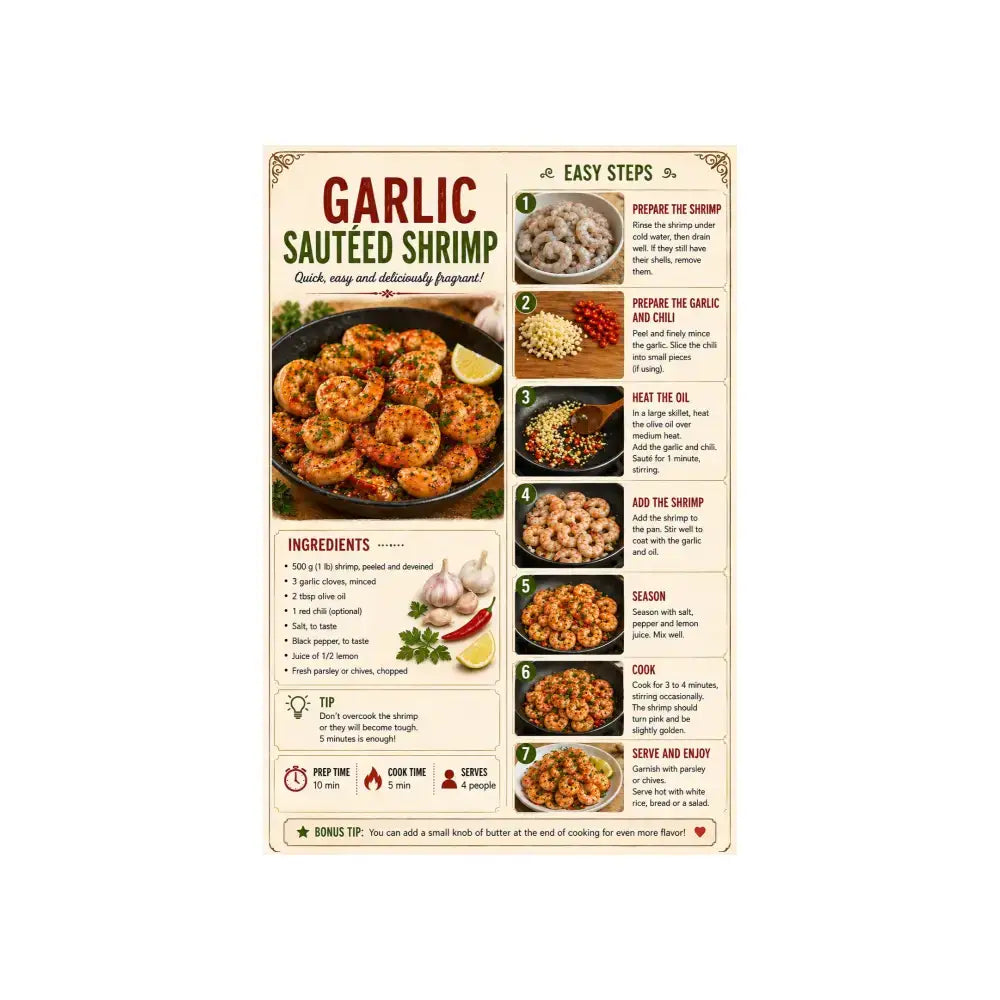 Affiche cuisine créole beige avec recette de crevettes sautées à l’ail dans poêle noire recettes créoles traditionnelles