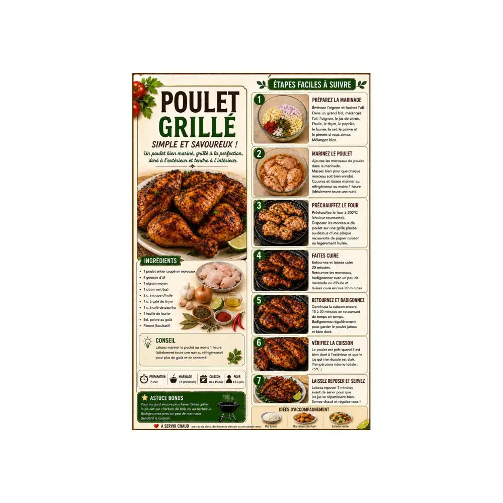 Affiche cuisine créole format A4 avec recettes créoles traditionnelles et image colorée de poulet grillé