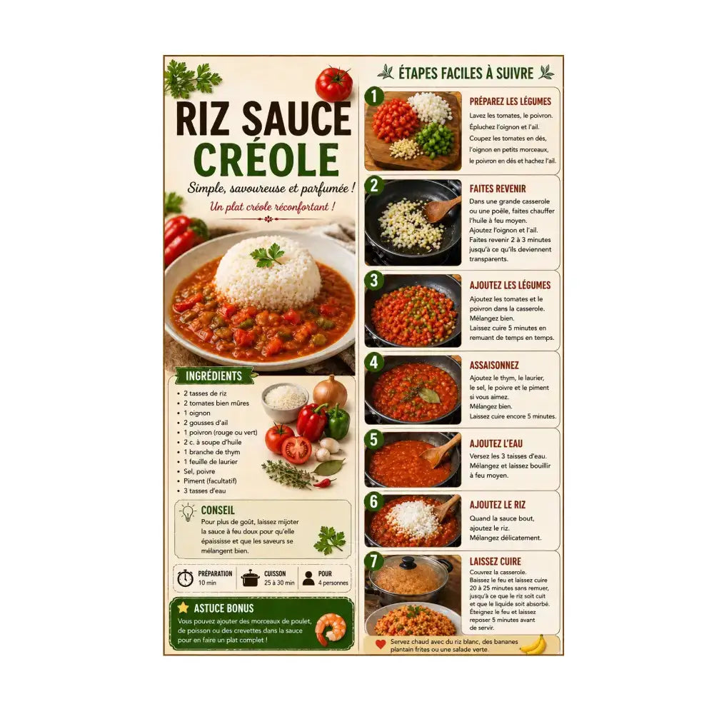 Affiche cuisine créole pdf a4 avec recette créole traditionnelle de sauce creole colorée et plat de riz 