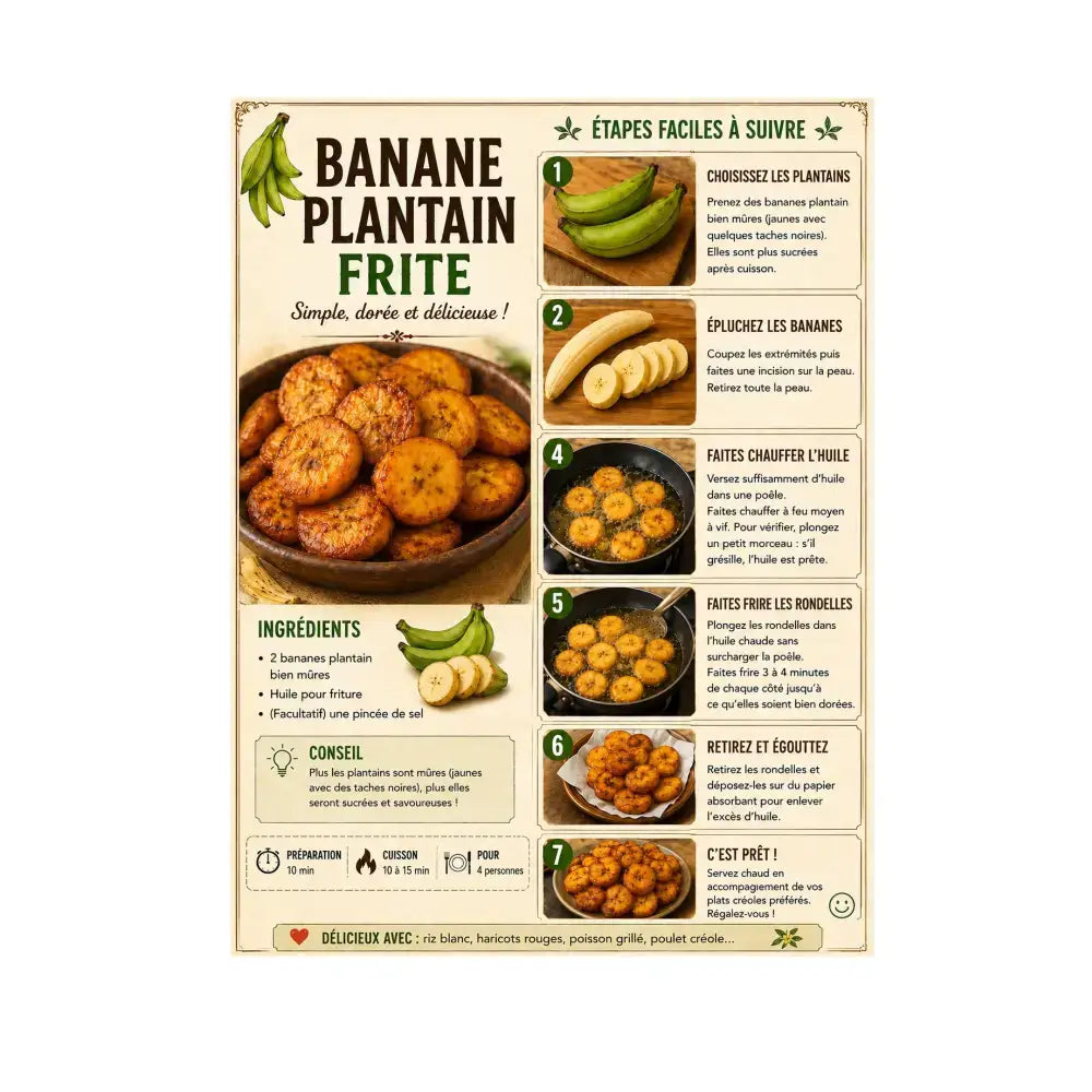 Affiche cuisine créole pdf a4 avec tranche de banane plantain frite dorée dans un bol en bois pour recettes créoles traditionnelles