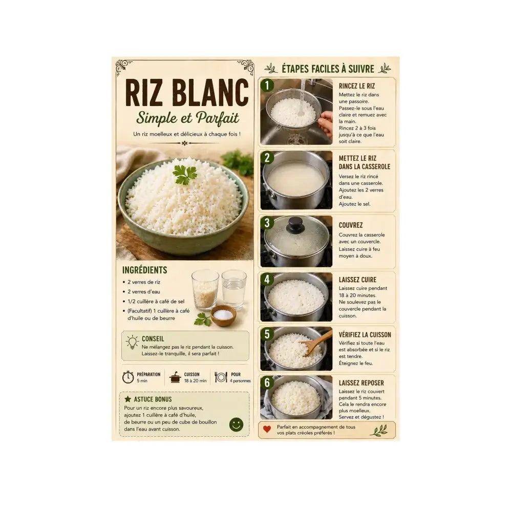 Affiche cuisine créole pdf a4 avec bol vert rempli de riz blanc moelleux garni de persil recettes créoles traditionnelles