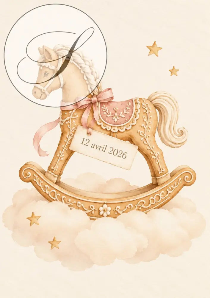 Cadeau naissance personnalisé : affiche cheval à bascule sur un nuage avec étiquette date de naissance