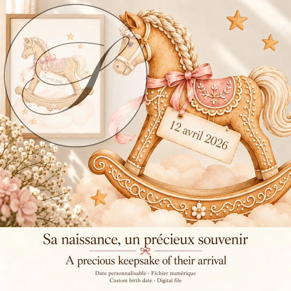 Cadeau naissance : affiche cheval à bascule avec date de naissance, un précieux souvenir
