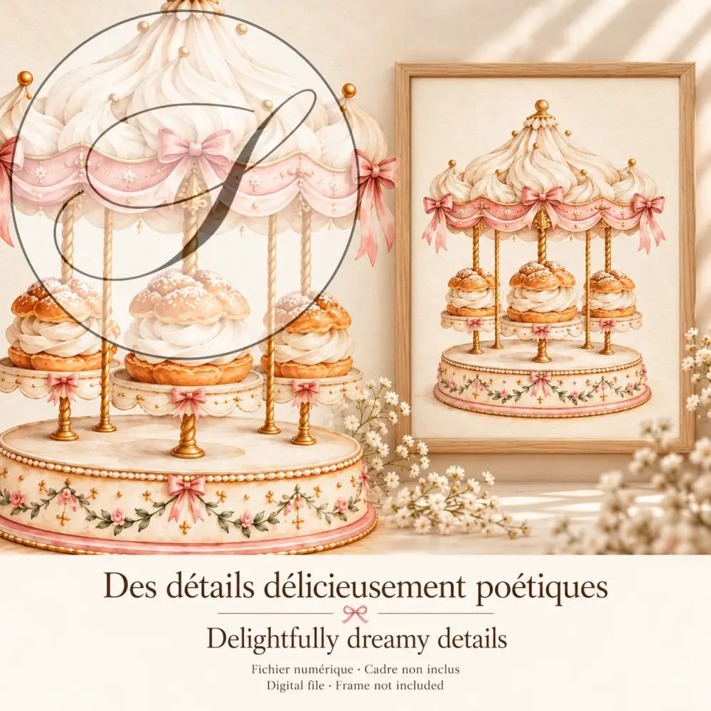 Cadeau naissance : détails poétiques de l'affiche carrousel aux choux encadrée dans une chambre de bébé