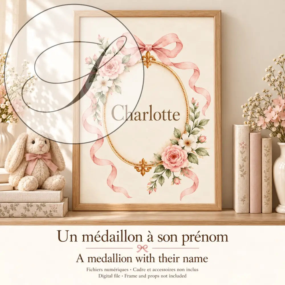Cadeau naissance personnalisé : un médaillon à son prénom, affiche encadrée près d'une peluche lapin