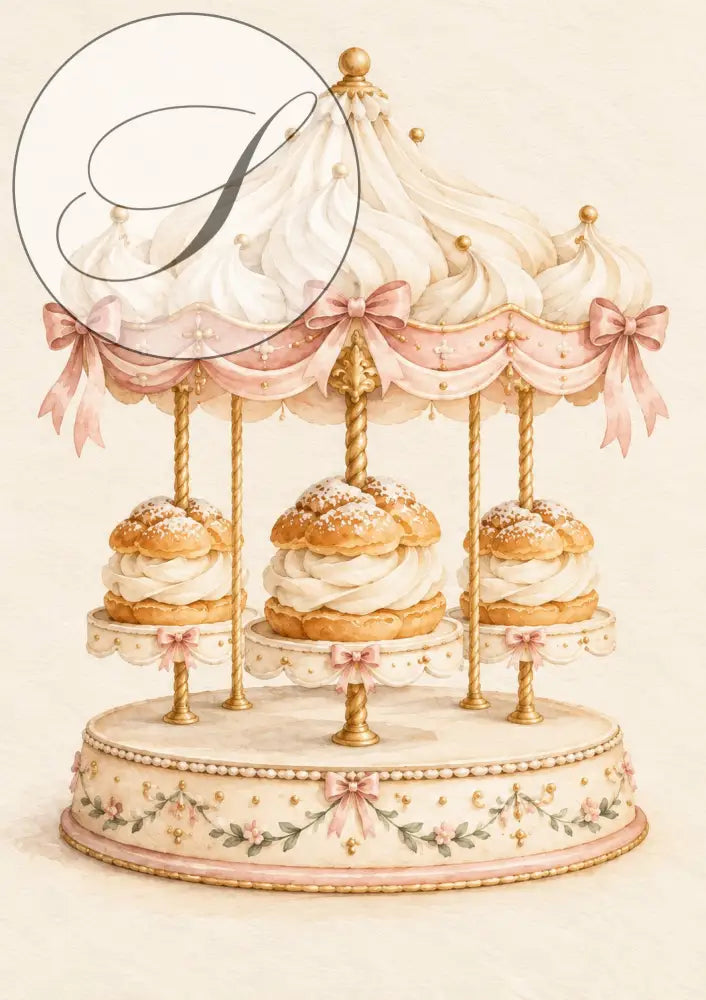 Cadeau naissance : affiche manège carrousel aux choux à la crème et rubans roses, tons crème et rose poudré