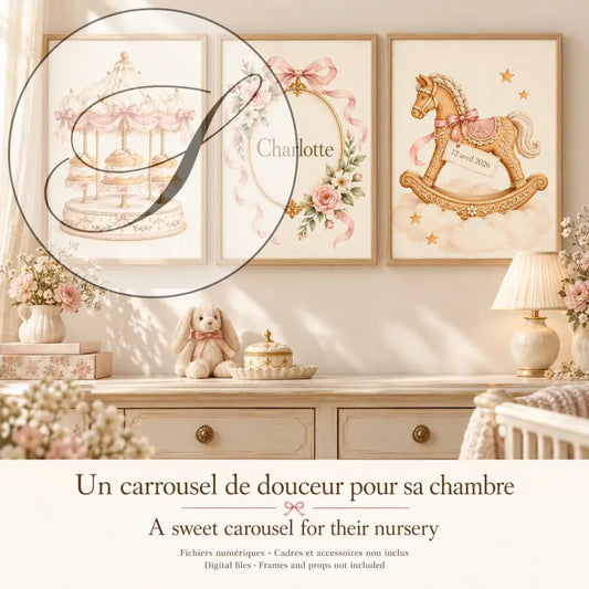 Cadeau naissance original : pack de 3 affiches personnalisées Un carrousel de douceur au-dessus d'une commode, chambre de bébé