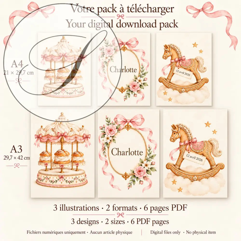 Cadeau naissance : contenu du pack, 3 affiches carrousel en A4 et A3, 6 pages PDF