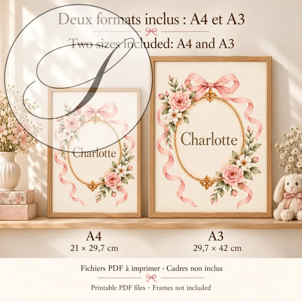 Cadeau naissance à imprimer : affiche prénom médaillon en formats A4 21 x 29,7 cm et A3 29,7 x 42 cm