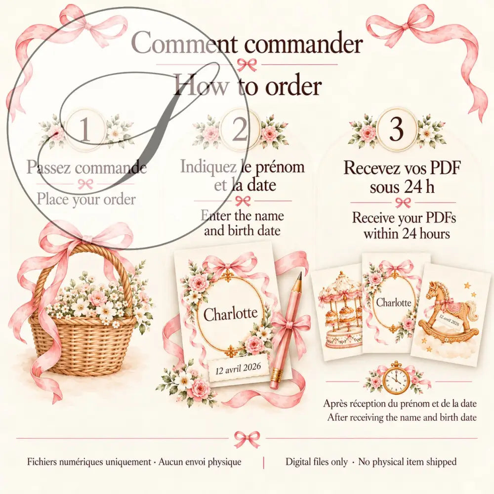 Cadeau naissance personnalisé, comment commander : prénom et date de naissance, fichiers PDF reçus sous 24 h