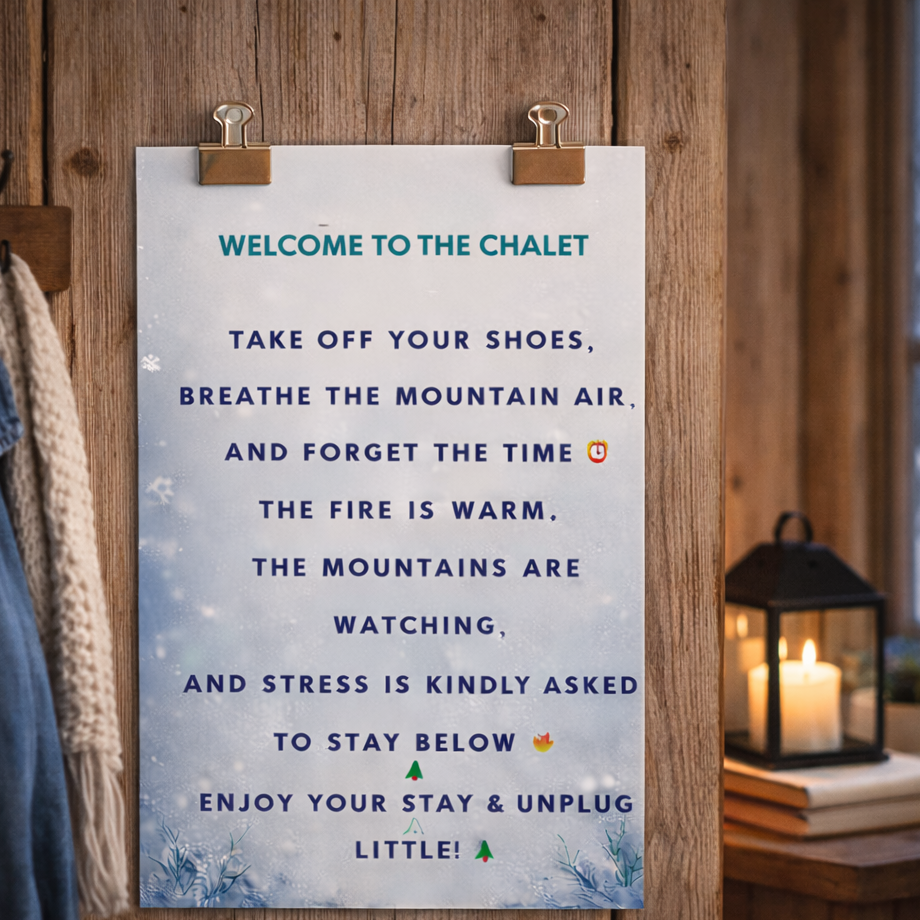 Rustic winter wall art printable featuring mountain cabin welcome message