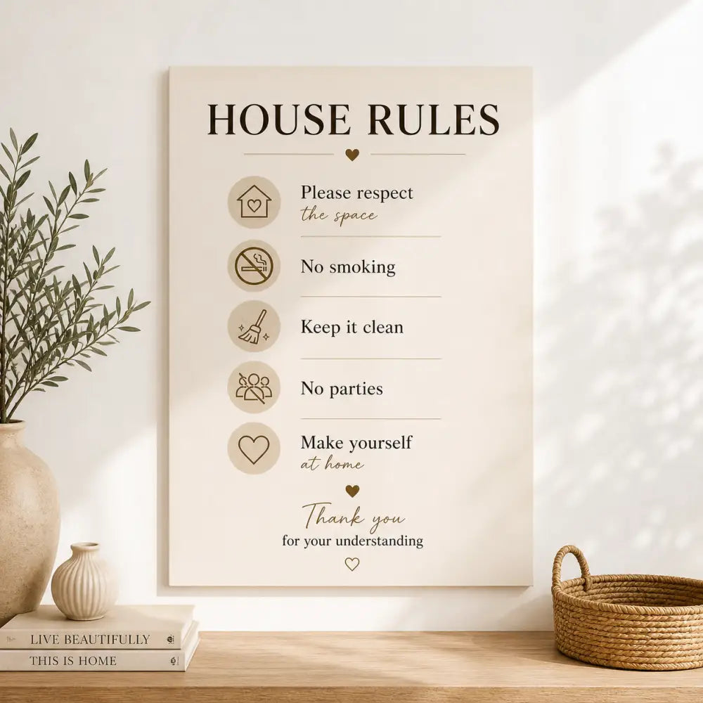 Affiche bienvenue location saisonnière beige avec règles de maison et icônes minimalistes à imprimer maison