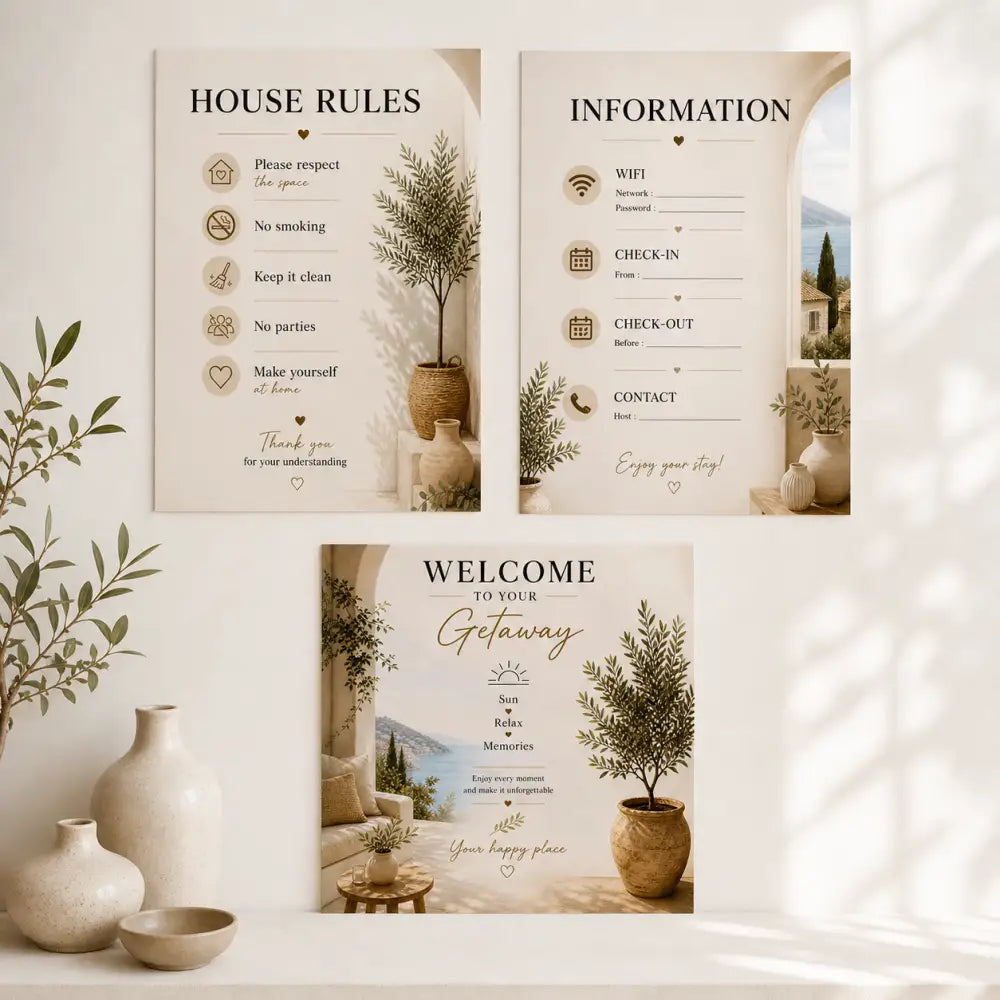 Set de trois affiches bienvenue minimalistes beige avec illustrations botaniques à imprimer maison pour location saisonnière