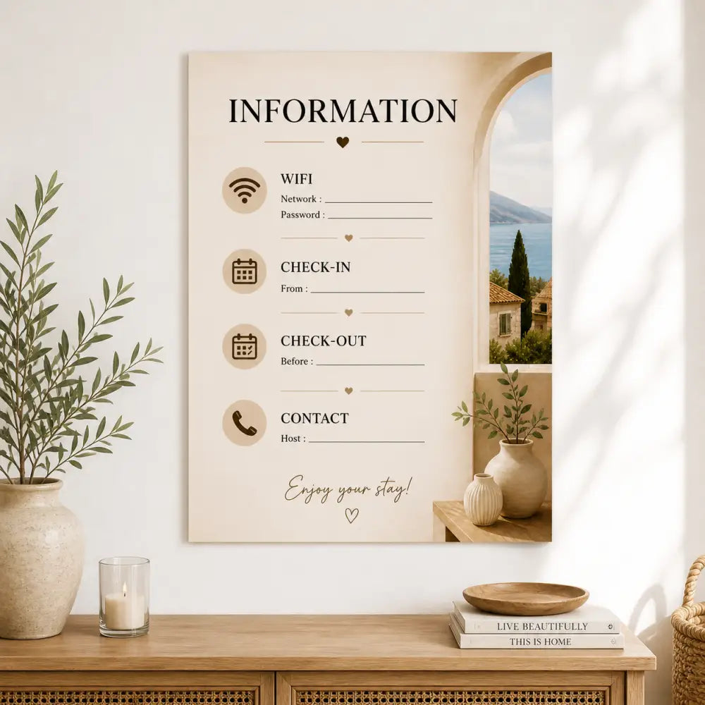 Affiche bienvenue beige murale pour location saisonnière avec wifi et infos hôte à imprimer maison