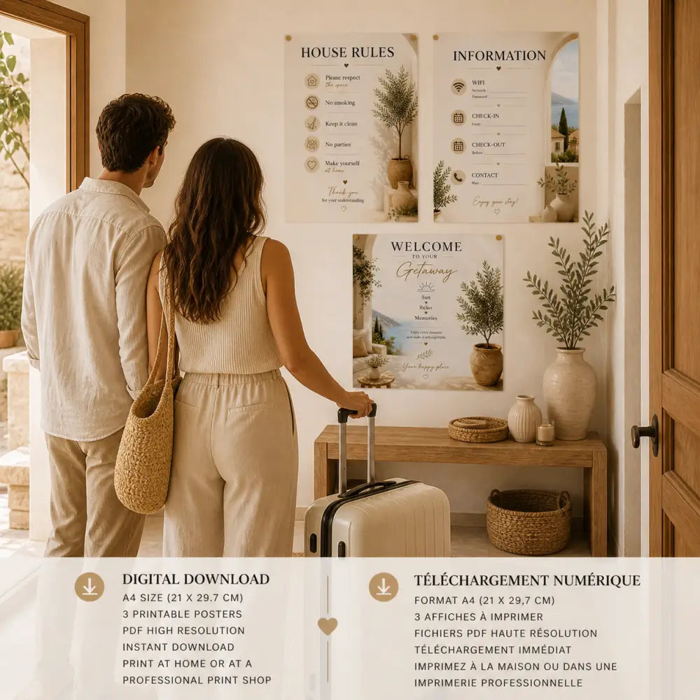 Affiche bienvenue location saisonnière avec sac épaule en paille beige tissé naturel à imprimer maison