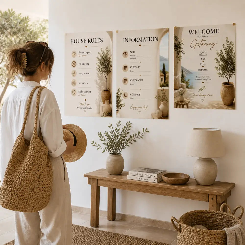 Beige sac cabas en paille tressée avec une bandoulière pour location saisonnière affiche bienvenue à imprimer maison
