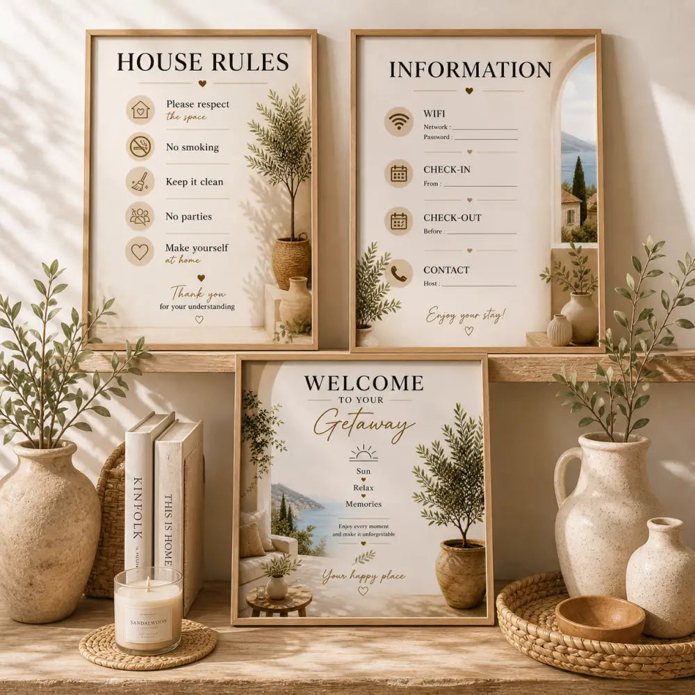 Trois affiches bienvenue location saisonnière à imprimer maison avec cadres bois rustiques et illustrations botaniques vertes