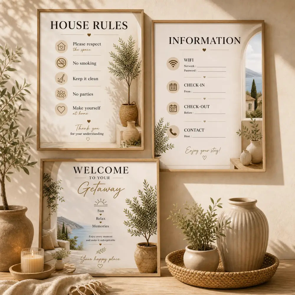 Trois affiches bienvenue location saisonnière à imprimer maison avec designs rustiques et illustrations botaniques