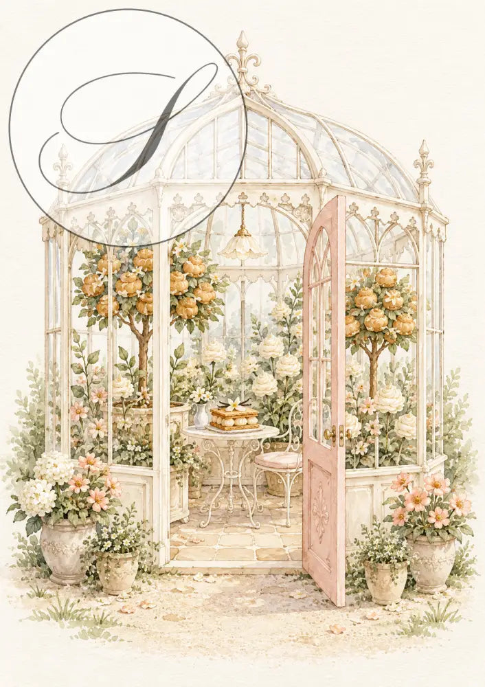 Cadeau naissance : affiche serre de jardin enchanté avec petits arbres en pot et fleurs, déco chambre bébé