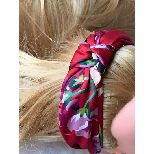 Serre-tête turban en satin bordeaux motif floral JENIFER coiffure