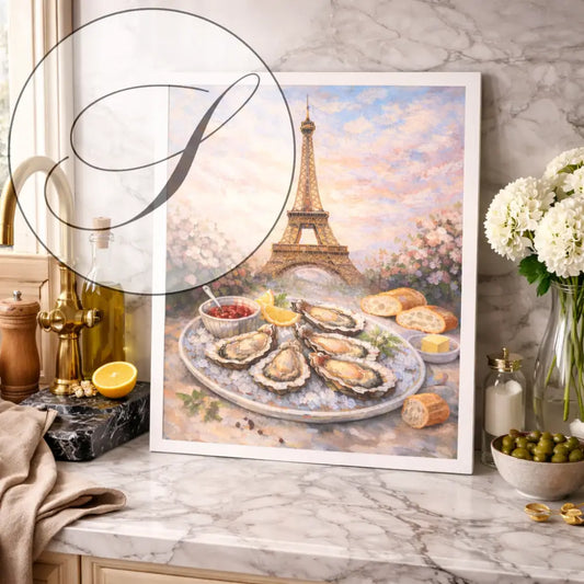 Affiche Paris artistique avec huîtres et Tour Eiffel pour décoration murale chic

