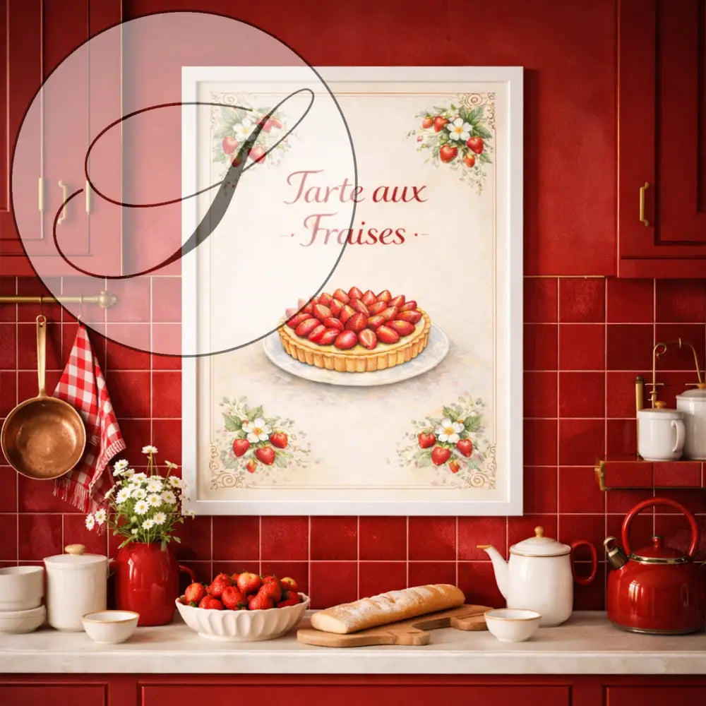Poster recette tarte aux fraises décoration cuisine wall art gourmand