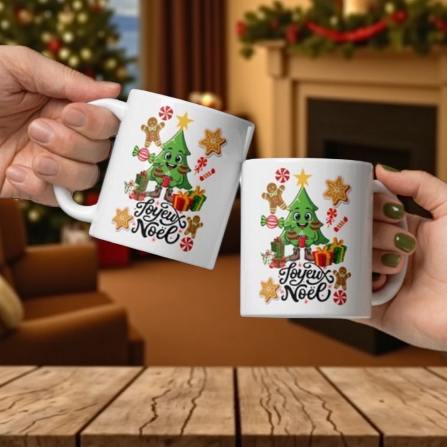 Tasse Noël posée sur une table en bois rustique