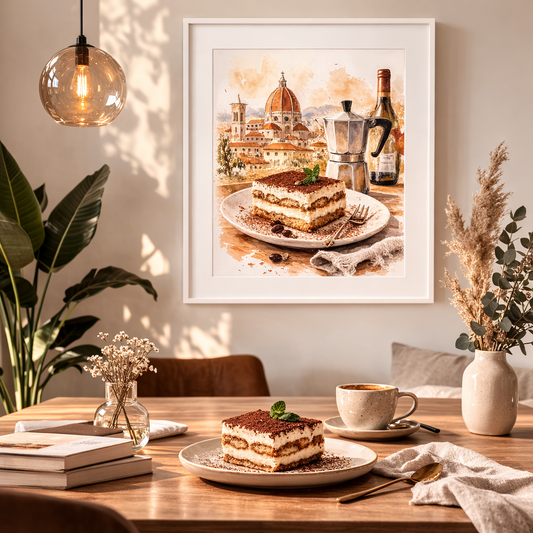 Illustration aquarelle tiramisu et cafetière moka italienne style vintage